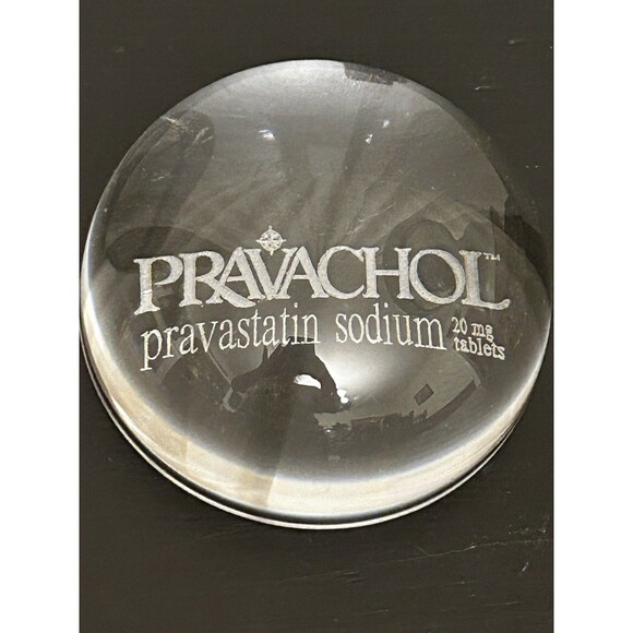 VTG Pravachol Pharmaceutical Drug Rep Etched Heavy Glass Dome Paperweight